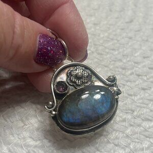Gorgeous LABRADORNITE & AMETHYST Handmade Sterling 925 Pendant/Chain #332E